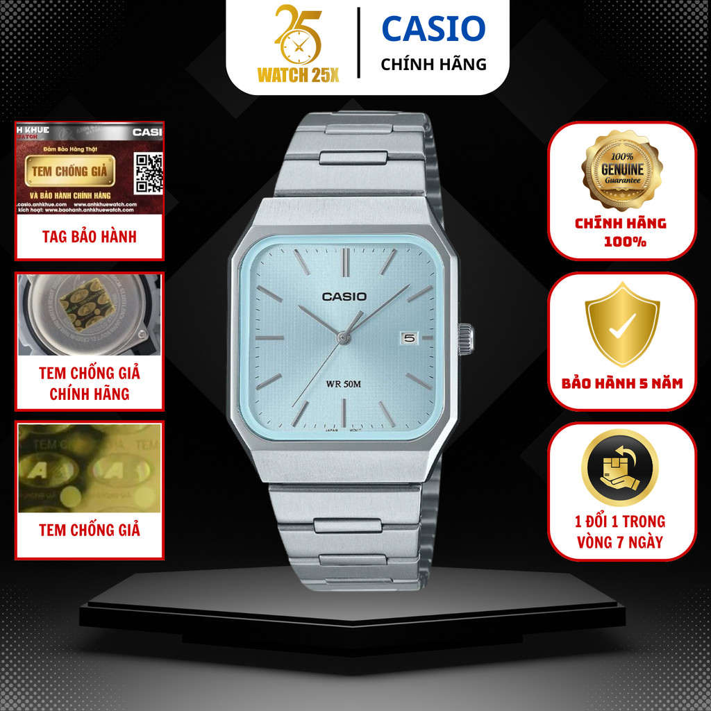 Đồng Hồ Nam Casio MTP-B185D-2A2VDF Watch25x – Mặt Xanh Ngọc Tươi Mát, Kiểu Dáng Vuông Hiện Đại