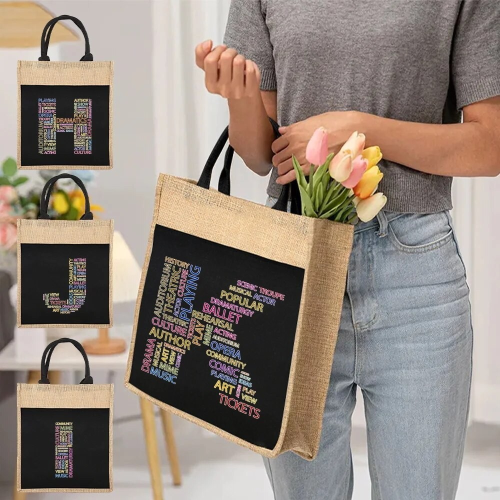 Tas belanja kain rami Jute Bag Women  Linen  Tote Bag Text Letter Print Solid Versatile Shopping Com