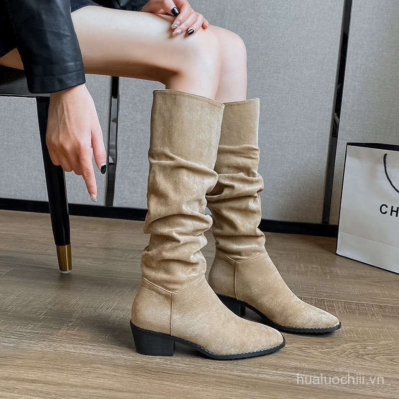 Hidden Heel Stacked Boots Long Tube Riding Boots25New Autumn Mid-Calf Boots