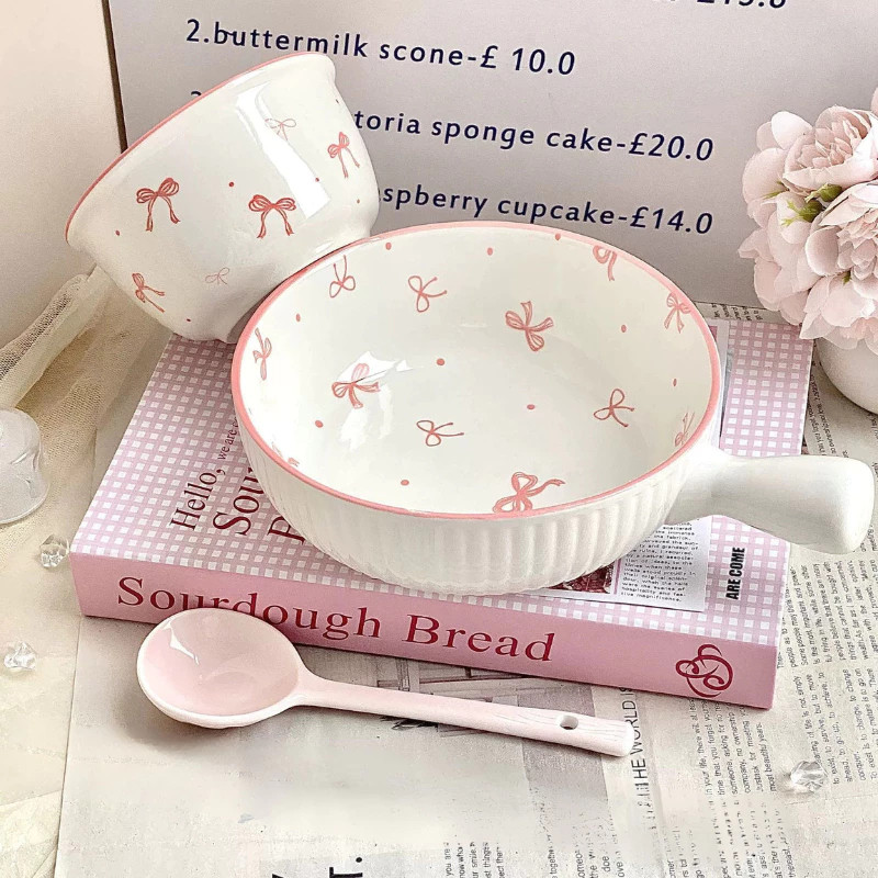 Set Bát Sứ Có Tay Cầm 3 Món Nơ Xinh Hàng Cao Cấp Đóng Hộp Xốp Loại A1