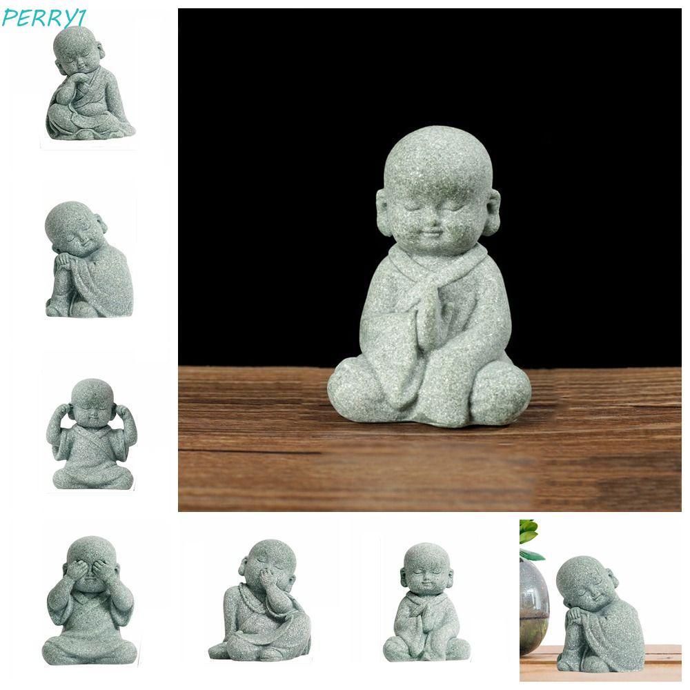 PERRY Little Monk Vật trang trí, DIY Green Sandstone Mini Bald Monk, Tượng Phật phong cách dễ thương