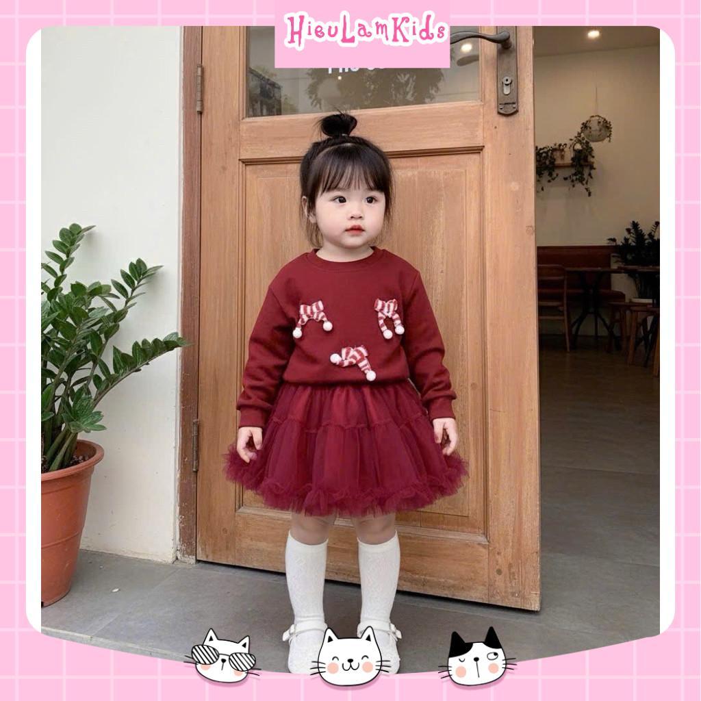 X254 - Set áo len nhung đỏ nơ sọc kèm chân váy 2 lớp cho bé gái