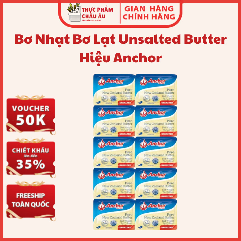 Bơ Nhạt Bơ Lạt Unsalted Butter Hiệu Anchor Dạng vỉ 10 Hộp 7G, Thơm Ngon