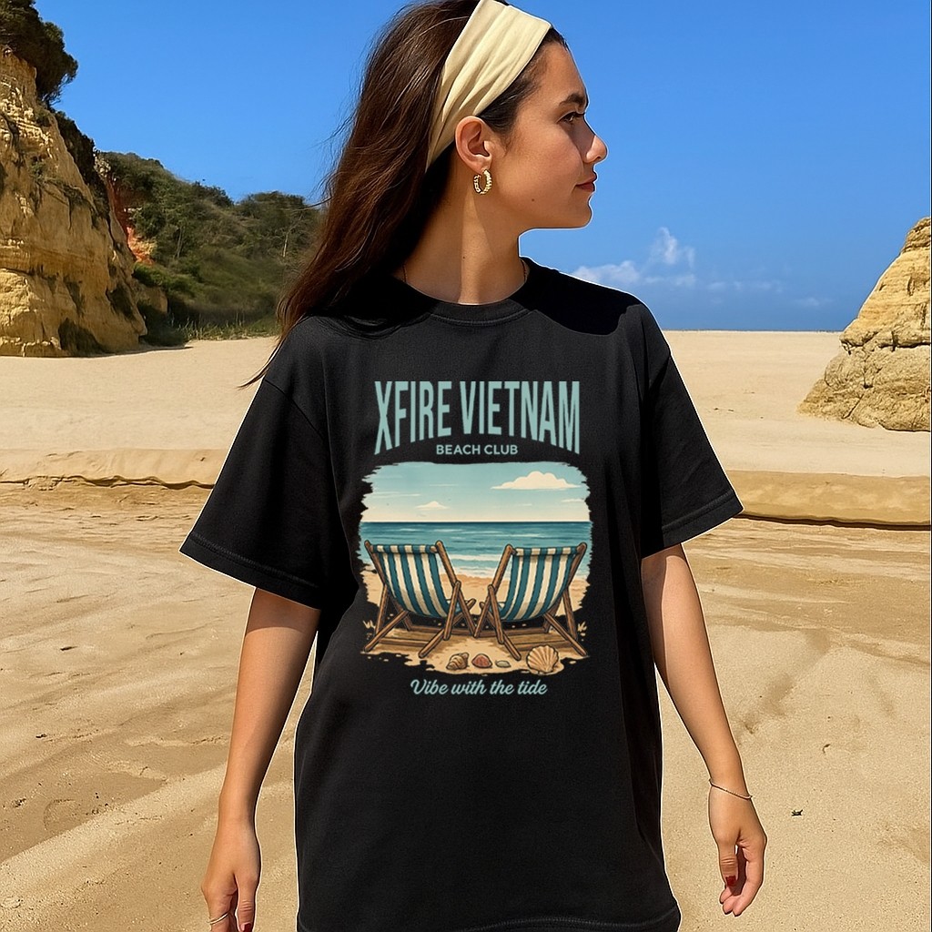 Áo Thun Unisex Xfire Vietnam Beach Club Form Rộng Mùa Hè In Hình Biển Chill. Cotton 100, Oversized