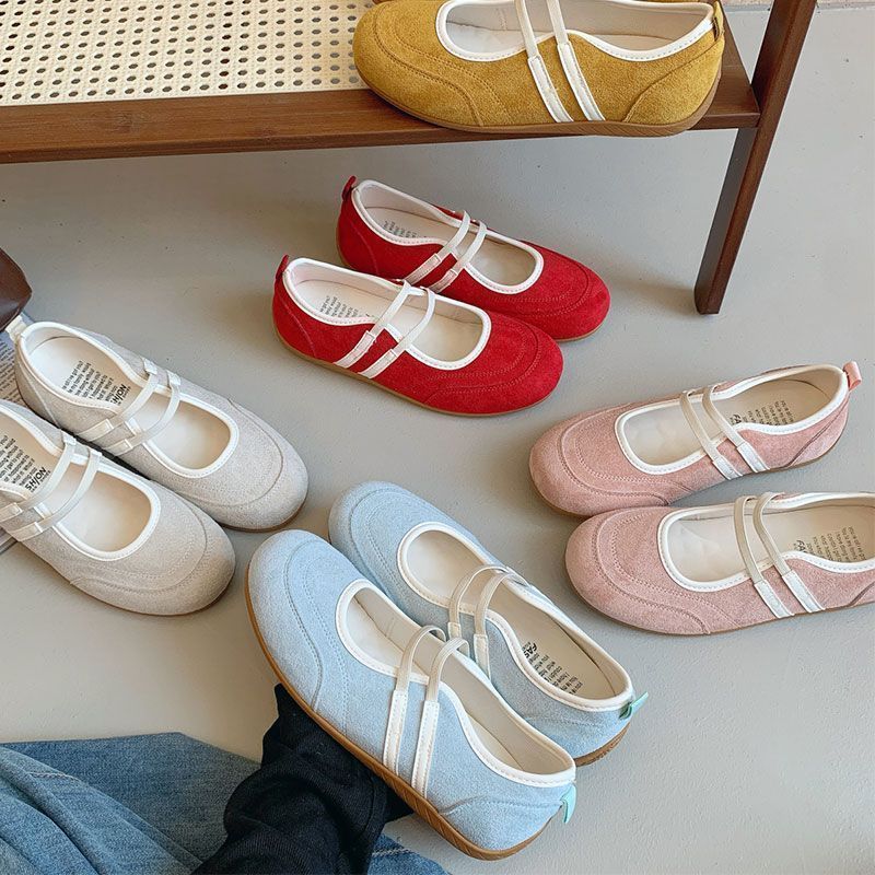 Giày búp bê nữ đế bệt,Giày Ballet,Da lộn,Đế mềm, thiết kế quai đôi,size35-40