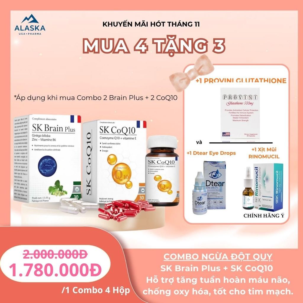 Mua 4 Tặng 3 Được 7 món - Combo Bộ Đôi Hỗ Trợ Ngừa Đột Quỵ - SK Brain Plus + SK CoQ10