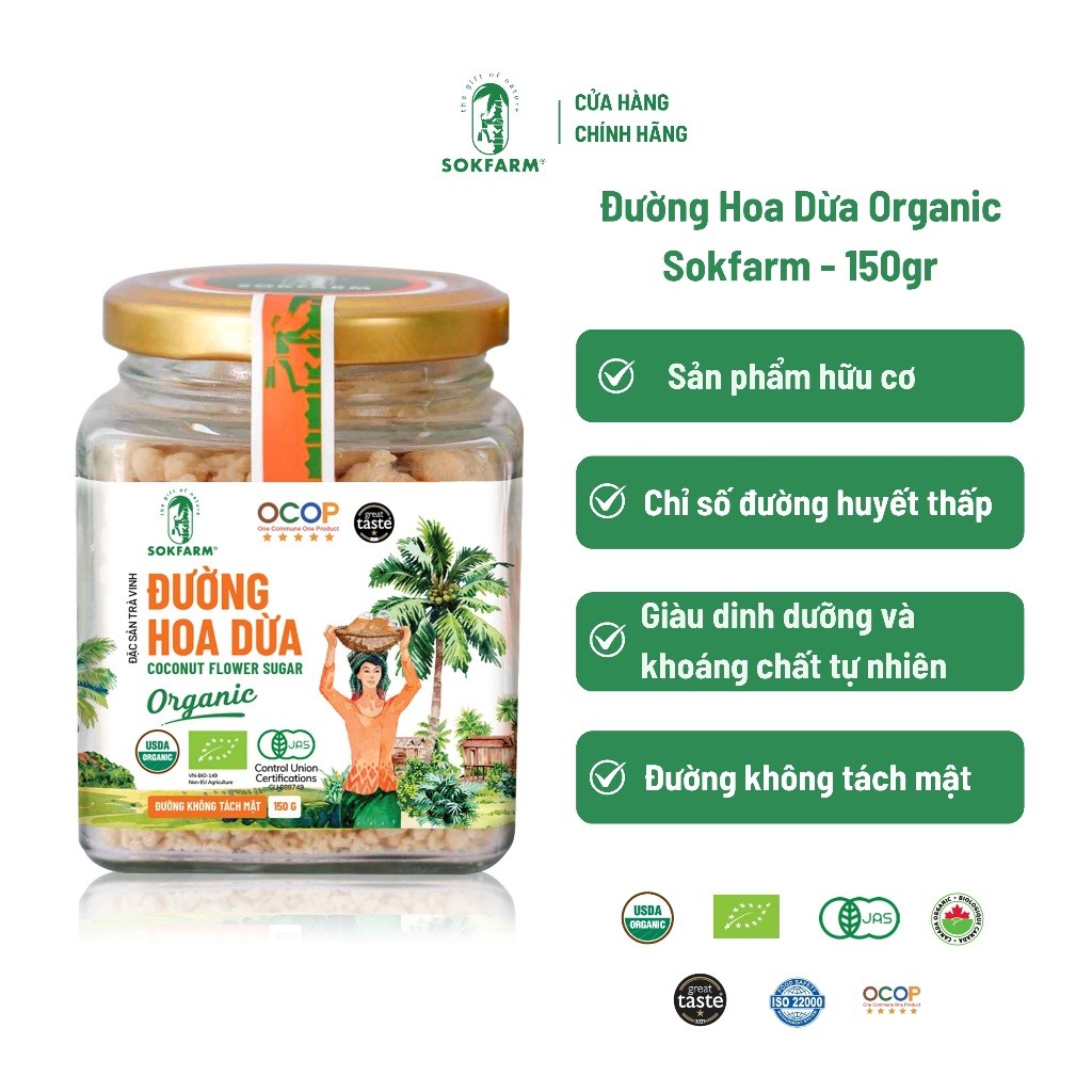 Đường hoa dừa hữu cơ Sokfarm 1kg, đường hoa dừa nguyên chất giàu dinh dưỡng và khoáng chất tự nhiên