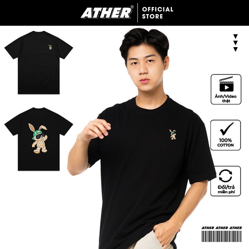 Áo thun nam nữ ATHER, In Hình Gấu, Unisex Cổ tròn, Tay Ngắn, Áo Phông Vải Cotton 100% Cao Cấp