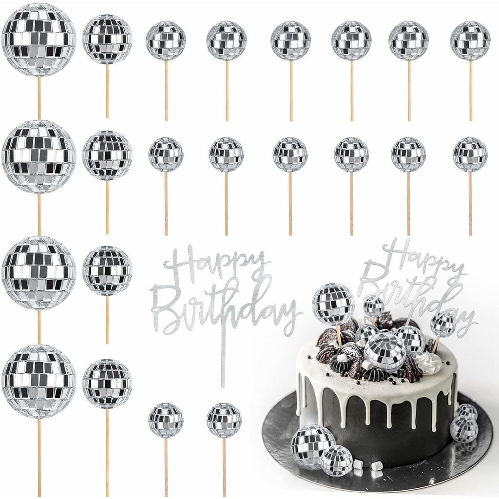 JOERSH 23 Chiếc Disco Ball Cupcake Toppers Chúc Mừng Sinh Nhật Bánh Topper - 1970 Disco Ball Cake Pi