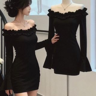  Đầm Lệch Vai Nữ Tay Phồng Mùa Thu Đông - Thiết Kế Xếp Nếp Ôm Sát Ngắn Phong Cách Ngọt Ngào Quyến Rũ Thời Trang Mới 