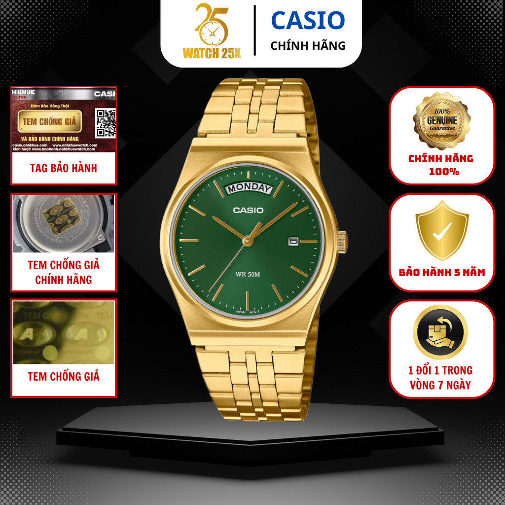 Đồng Hồ Nam Casio 35mm Mạ Vàng MTP-B146G-3AVDF Watch25x Mặt Xanh Đậm Phong Cách Vintage