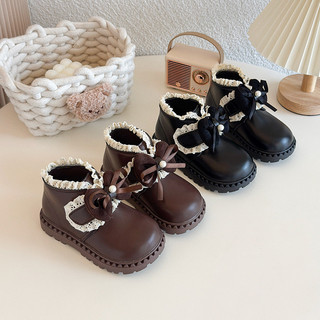 Điệu đà cho bé - Bốt da PU  cho bé gái gắn Nơ điệu đà viền ren xinh ,  phong cách cho bé Sz21-33  Lê Anh Anh