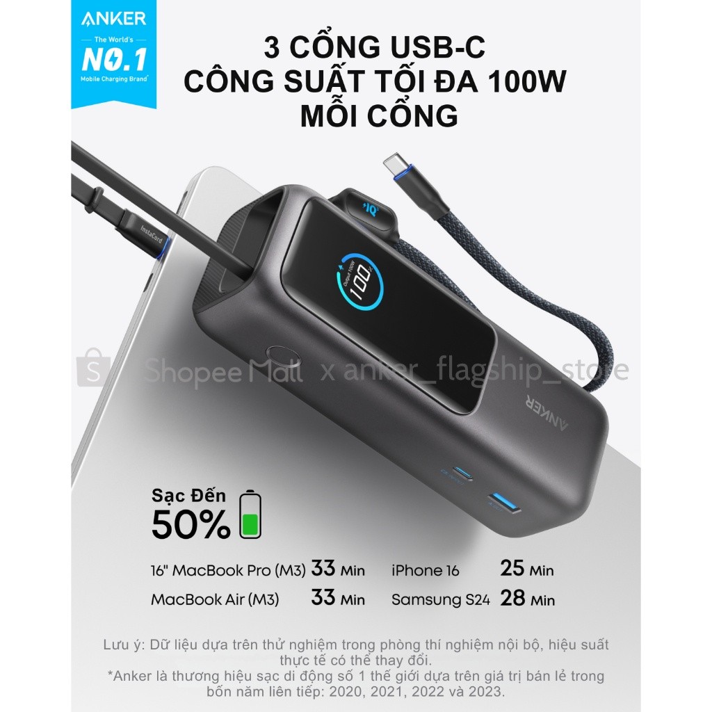 [TặngQuạtMini] Sạc dự phòng ANKER Zolo 25kmAh | Công suất 165W | Tích hợp 2 cáp USB-C rút gọn | Có màn hình - A1695 | BigBuy360 - bigbuy360.vn