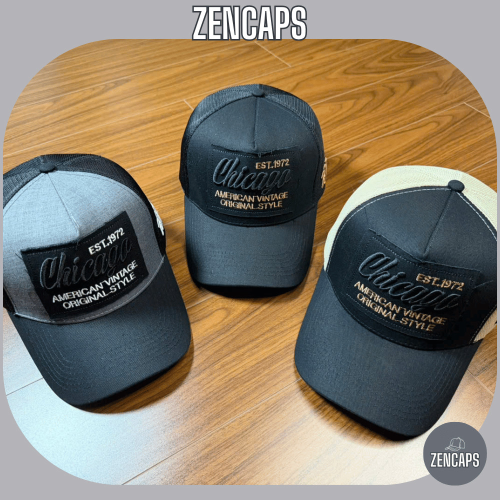Mũ lưỡi trai Chicago phối lưới mềm nửa đầu, nón cap thêu Chicago 1972 vá rách thời trang đường phố Z