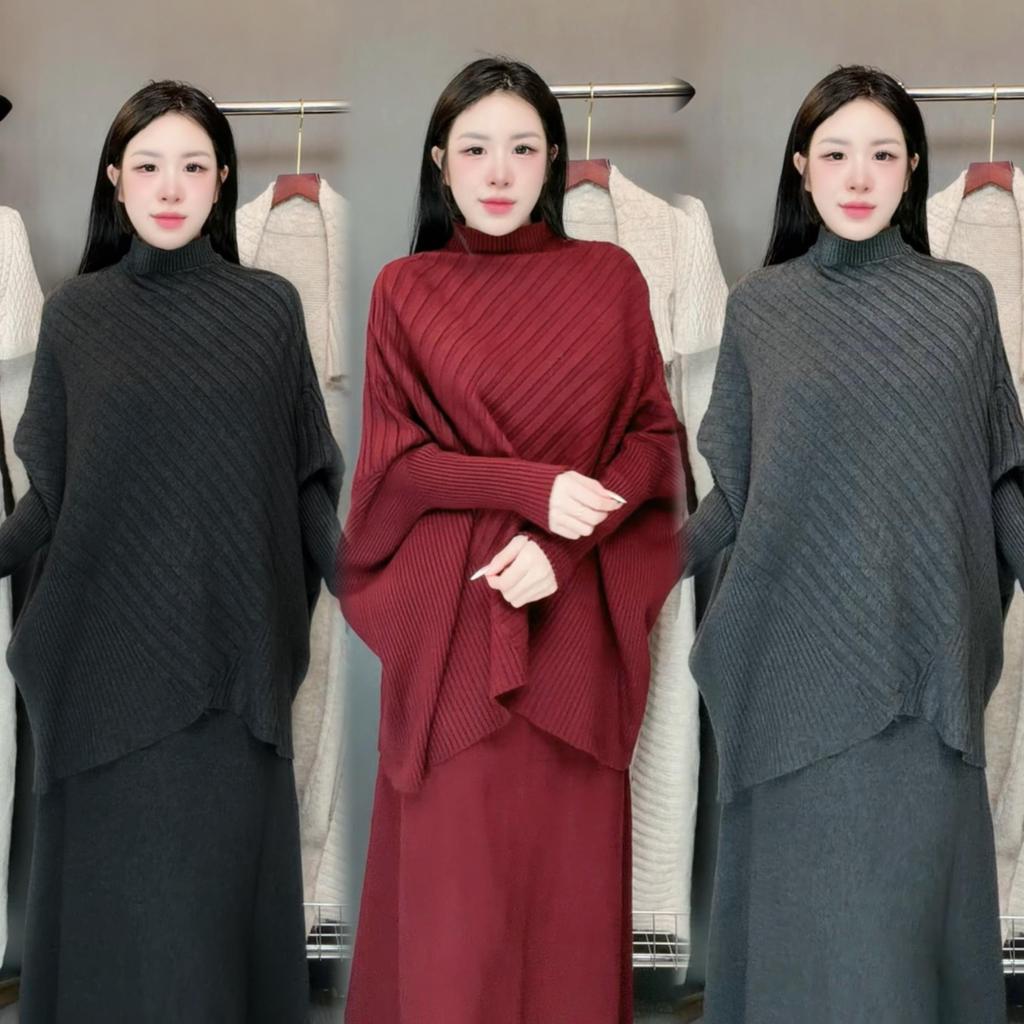 PHÚC HÂN QC | Set váy len áo cánh dơi cổ 3p gân dọc – Set bầu mặc nhà, đi chơi, dự tiệc