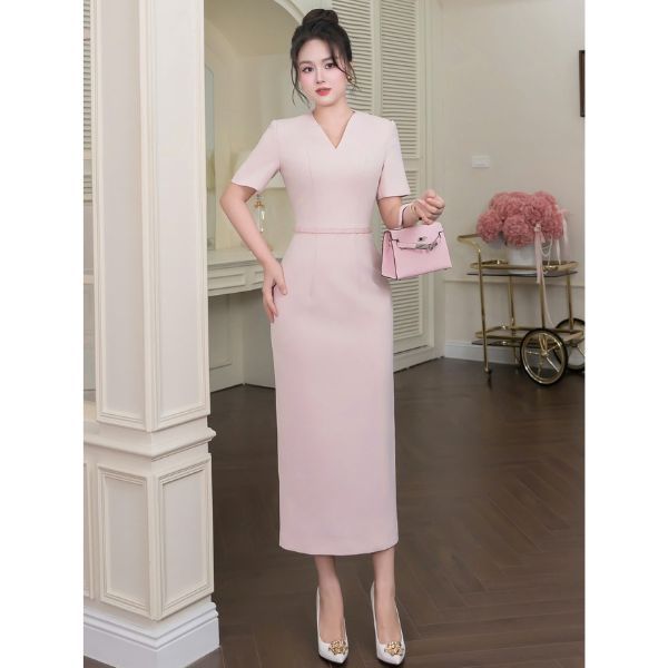 MAY Váy Hồng Nữ M220 Bút Chì Đính Pha Lê - Đầm Hồng Thiết Kế Sang Trọng Chuẩn MAY