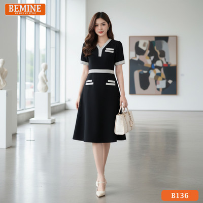 Đầm thiết kế BEMINE cổ chữ V viền sọc dáng chữ A phù hợp đi làm-B136