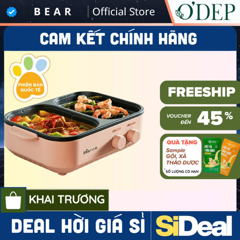Bếp lẩu nướng điện 2 ngăn đa năng Mini 2 trong 1 Bear DKL-C12D1 - Hàng chính hãng - SIDEAL SIO