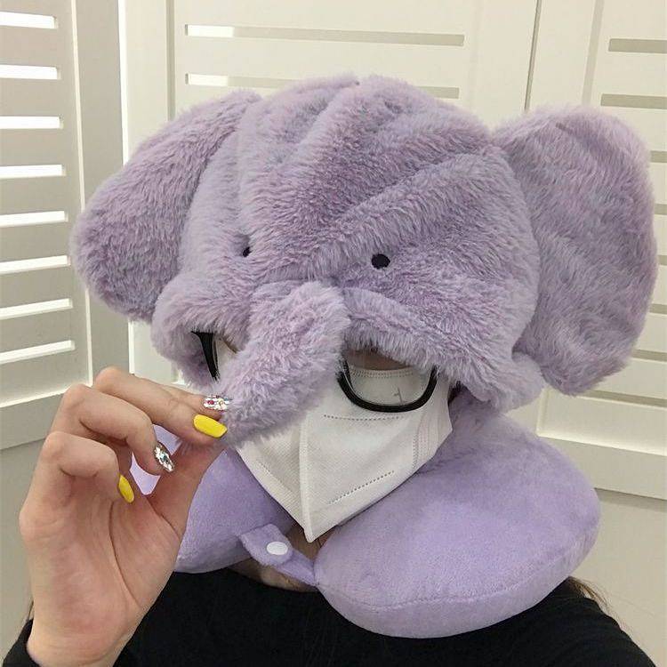 Purple Dumbo Hooded U-Shape Pillow Neck Pillow Travel Plane Portable Neck Pillow with Hat Nap Pillow