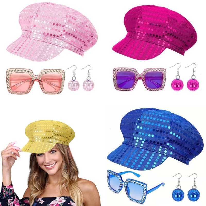 Ấm cúng 3 Cái Bộ 70 Nữ Disco Phụ Kiện Trang Phục Disco Disco Disco Disco Sequins Mũ Bông Tai Disco B
