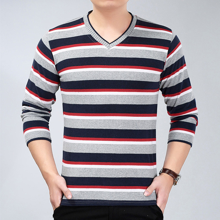 Fall Men's Long Sleeve T-shirt Loose Striped V-neck Sweater Dad Wear Men's T-shirt CpeP