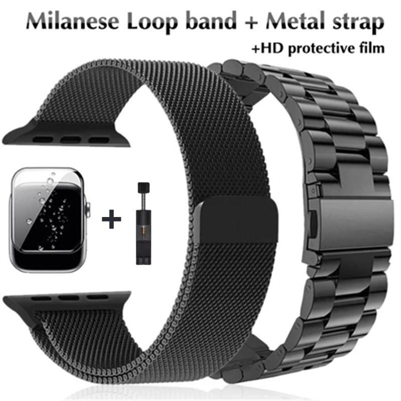 Dây đeo + Phim cường lực Dây đeo bóng thép Milanese 46mm 42mm cho Apple Watch Band Smart Watch Serie