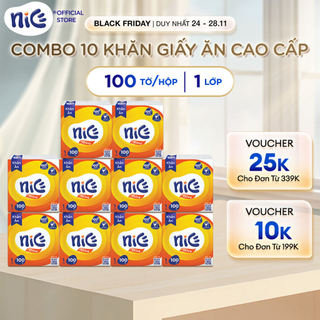 Combo 10 Gói Khăn Giấy Ăn Nice Cao Cấp Siêu Mềm Mại 100 Tờ - Thấm Hút Dầu Thừa - An Toàn Thực Phẩm