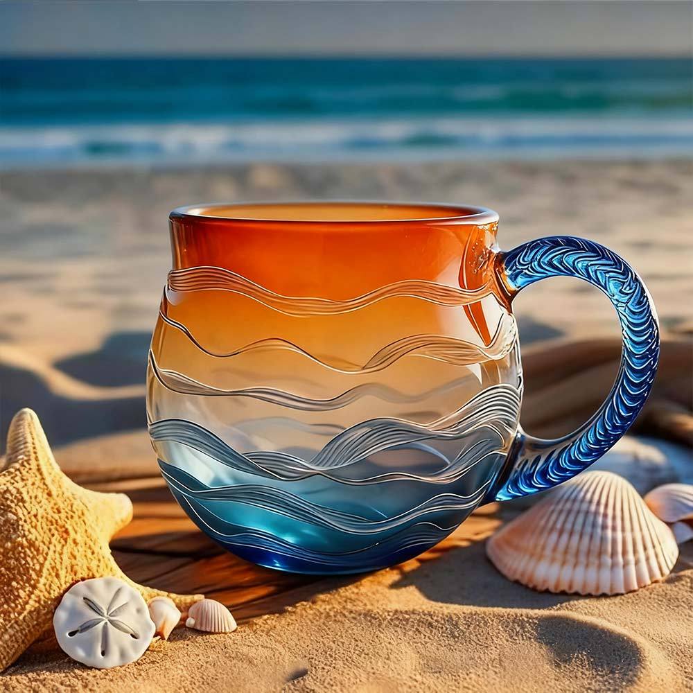 Ocean Sunset Glass Mug Sea Inspired Coffee Cup with Wave Handle Gradient Colors Tea Cup