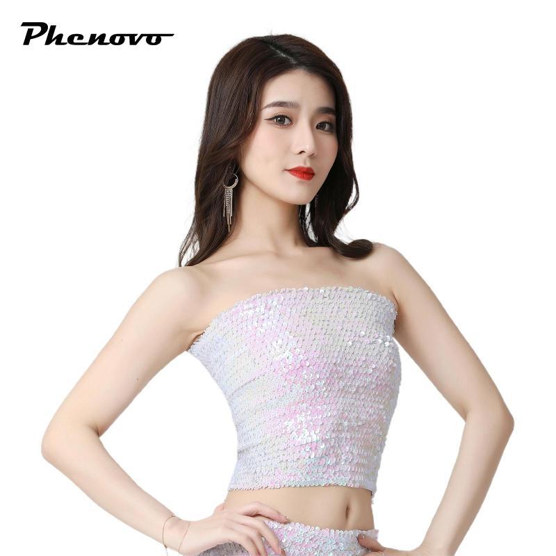 Phenovo Belly Dance Sequin Tube Top, Crop Tube Top, Áo đeo vai thời trang nữ