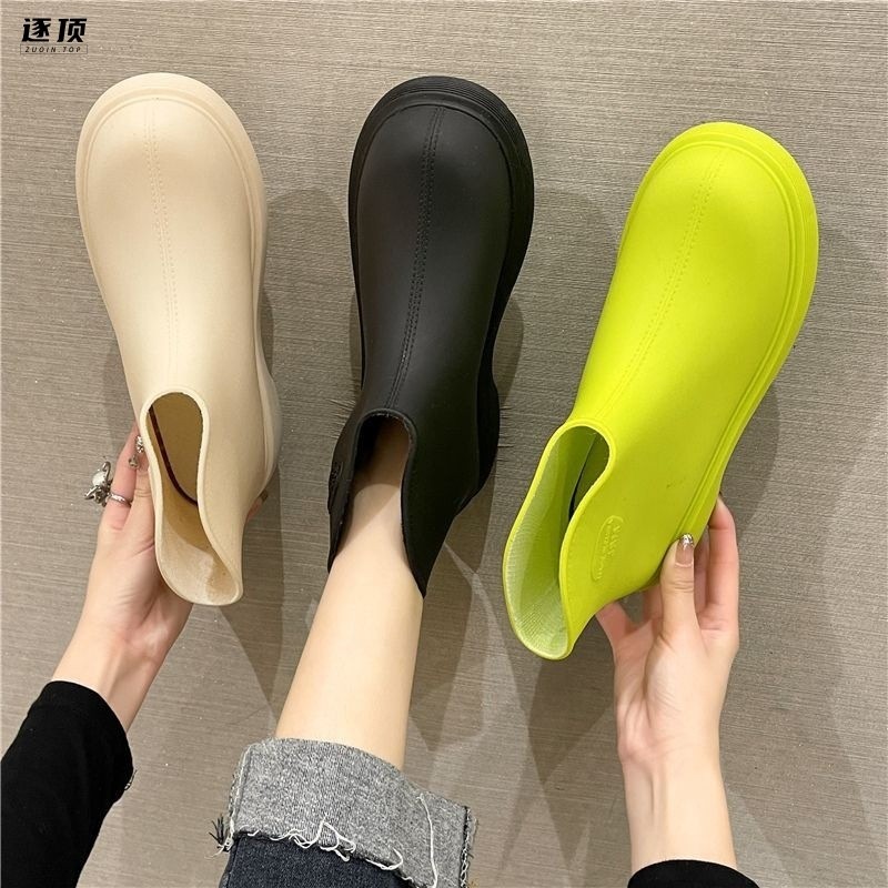 Women Fashion Korean Style Low-Cut Waterproof Anti-Slip Rubber Rain Boots with Sheepskin Lining