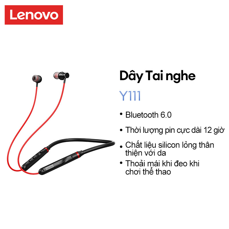 Tai nghe Bluetooth không dây đeo cổ Lenovo Y111 có micrô Tai nghe khử tiếng ồn Bass Thể thao Chạy bộ Tai nghe lâu trôi