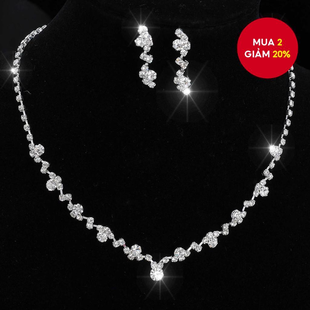 Bộ bông tai và vòng cổ đính đá thanh lịch Trang sức cô dâu lấp lánh cho đám cưới nữ