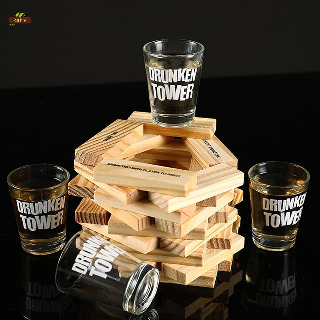 Bộ trò chơi uống nước Jenga bằng gỗ với 60 khối in và 4 cốc bắn cho bữa tiệc vui nhộn dành cho người