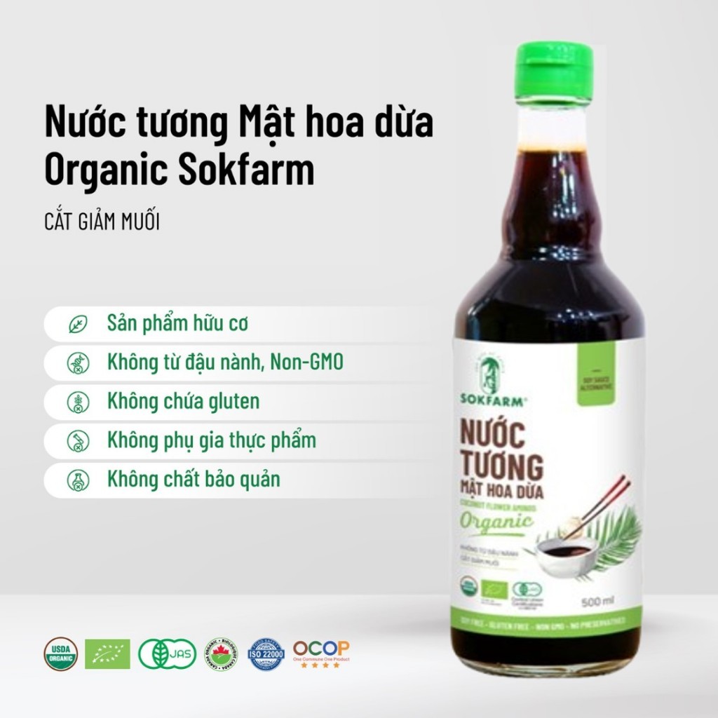 Nước tương mật hoa dừa sokfarm thuần chay ít mặn không đậu nành không chất bảo quản
