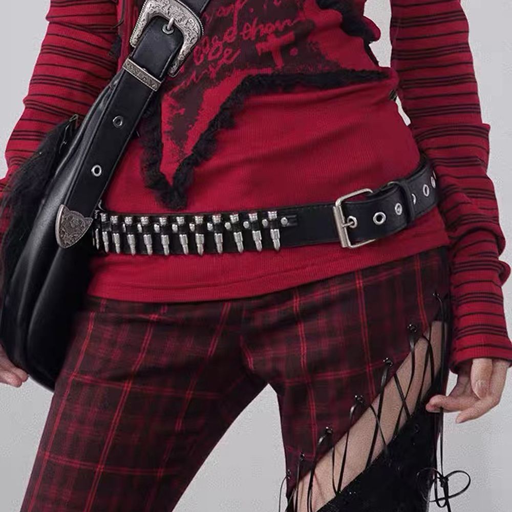 Thắt lưng kim loại đa năng INS Original Niche Punk Y2K Rivet Bullet Head Belt Zuo Yuanjie