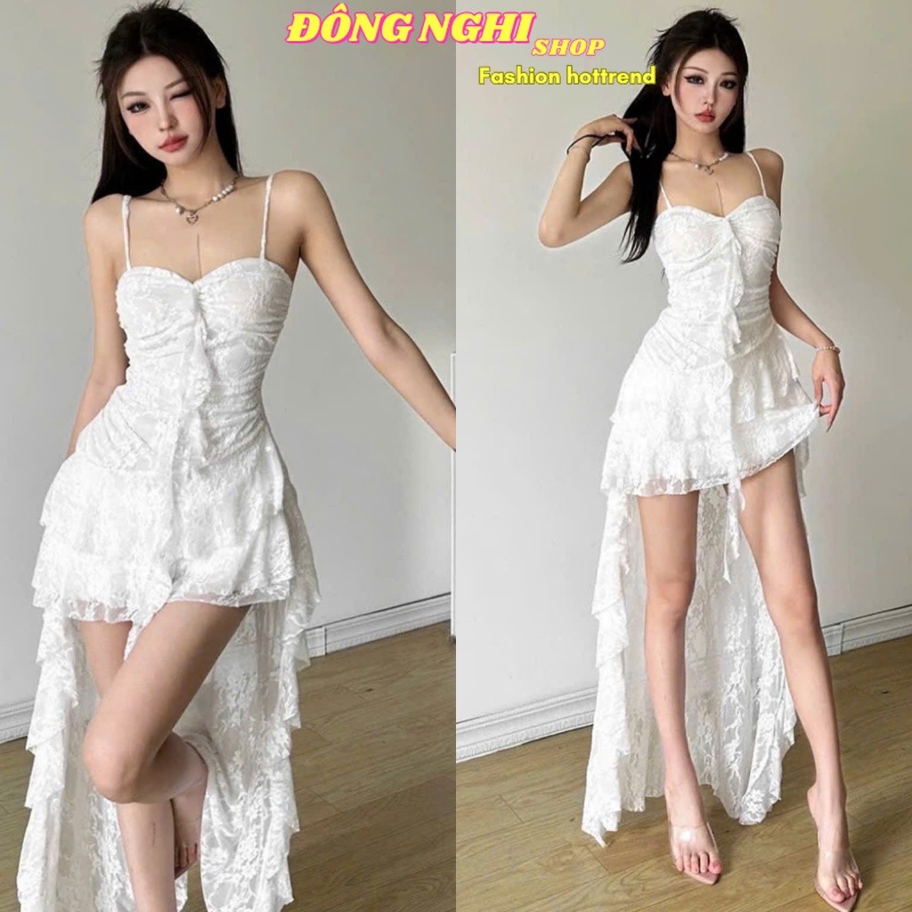 QC_ Váy Mullet Slay Girl, Đầm Mullet đi biển dự tiệc Ren 2 dây bèo tầng có mút có lót quần riêng