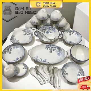 bát đĩa chén gốm sứ cao cấp , hoa văn hoạ tiết Diệp Hồng đẹp sang trọng