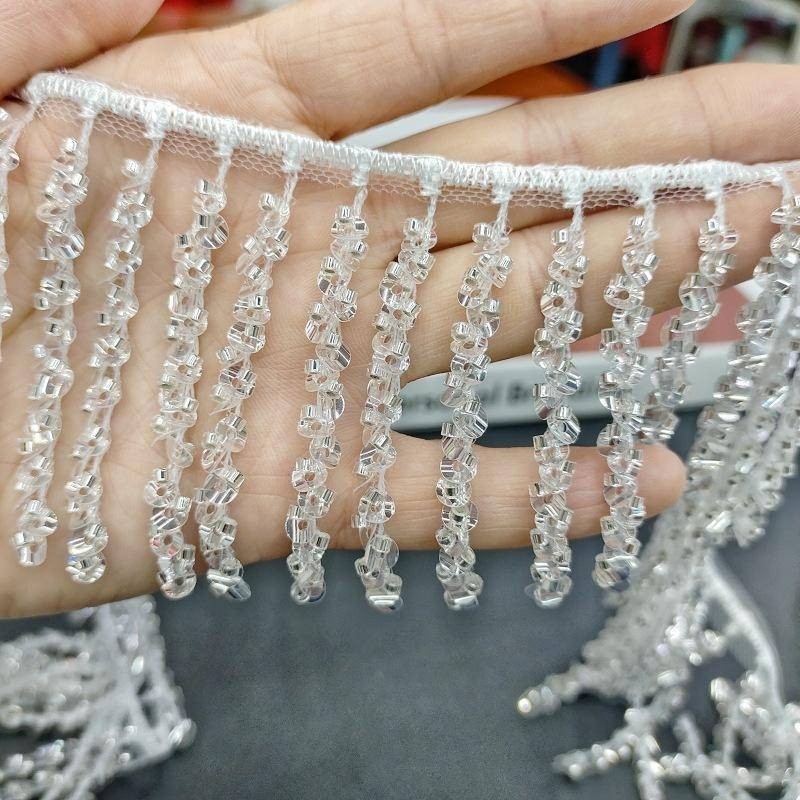 5 Yard 7cm Sparkling Crystal Rice Bead Bridal Dress Latin Feather Flower Decor Lace
