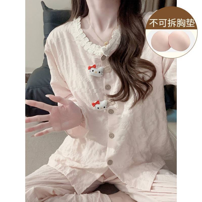 Women's Pajamas 2025 New Pink Sweet Style Hello Kitty Spring and Autumn Long Sleeve with Chest Pad C