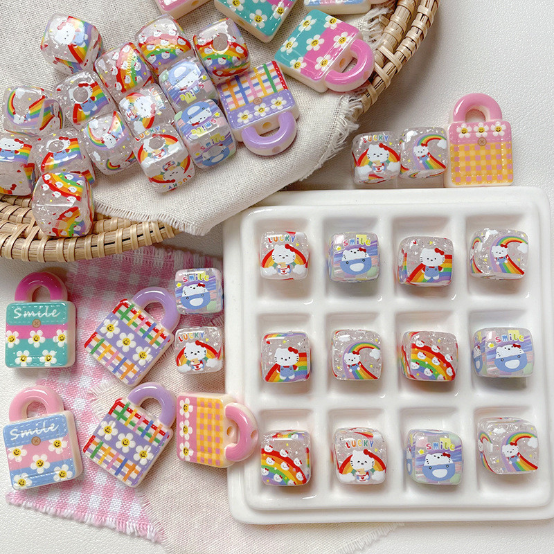 Rainbow kitty Cat Cat Ice Cracked Square Beads Dopamine Túi xách hai mặt DIY Acrylic Đính cườm Handm