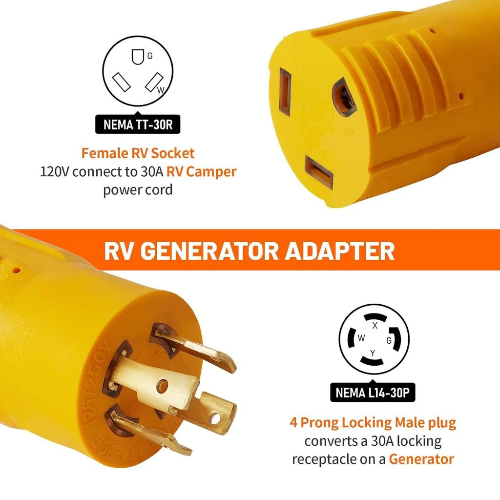 MECMO NEMA L14-30P sang TT-30R Bộ chuyển đổi máy phát điện RV 30 Amp, 4 Prong Lock 120 / 240V L14-30