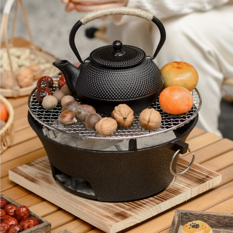 Bếp Nấu Trà, Bếp Nướng Than Hoa Bằng Gang Đúc Kèm Vỉ Nướng Inox Và Đế Gỗ