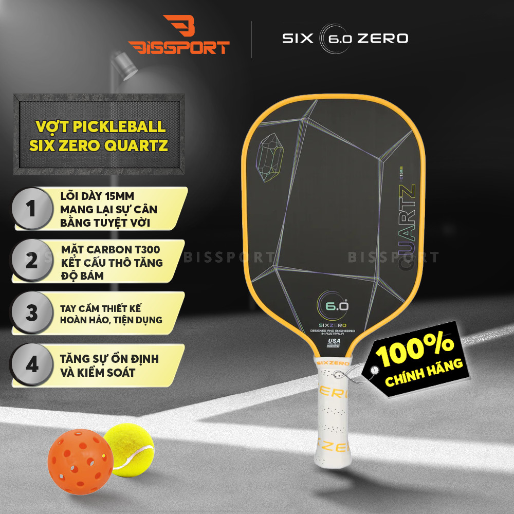 Vợt Pickleball 6.0 Quartz Chính Hãng Đen Viền Vàng - Lõi Composite Siêu Nhẹ, Smash Uy Lực, Kiểm Soát