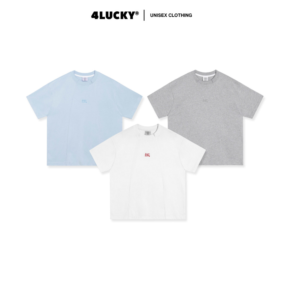 Áo Thun Unisex Form Boxy Phối Rã Đối Xứng, Bo Cổ Đôi 4Lucky 6428, Áo Thun Cổ Tròn Thêu ""Four Lucky"