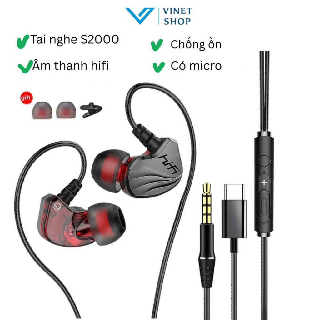 Tai nghe gaming có dây nhét tai HiFi S2000 Super Bass chống ồn, có mic, chơi game ngon