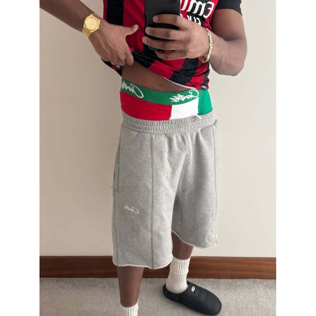 A01D Corteiz Street Hip-Hop Embroidered Lettering Open Stitch Frayed Knit Shorts Men's Trendy Brand 