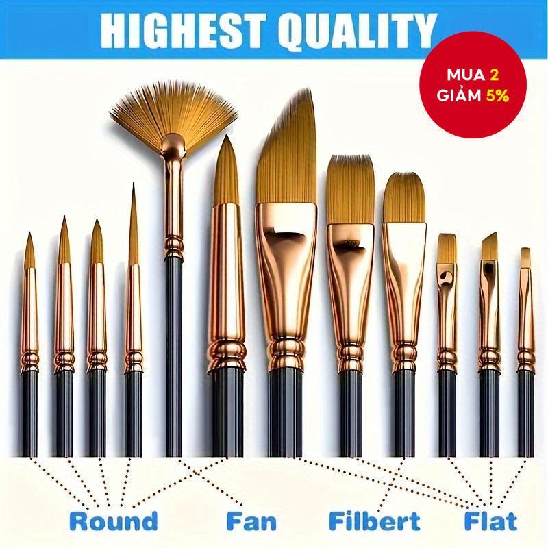  Bộ cọ nghệ sĩ chuyên nghiệp 12 chiếc | Bàn chải chi tiết bền bỉ cho dầu & Acrylic 