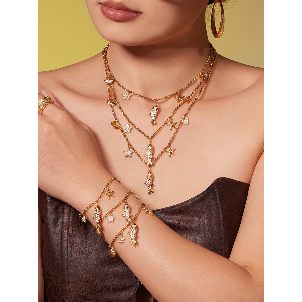 Good Luck Koi More than Stars Heart Pendant Zircon Bracelet Necklace 18K Gold Plated Fashion All-Mat