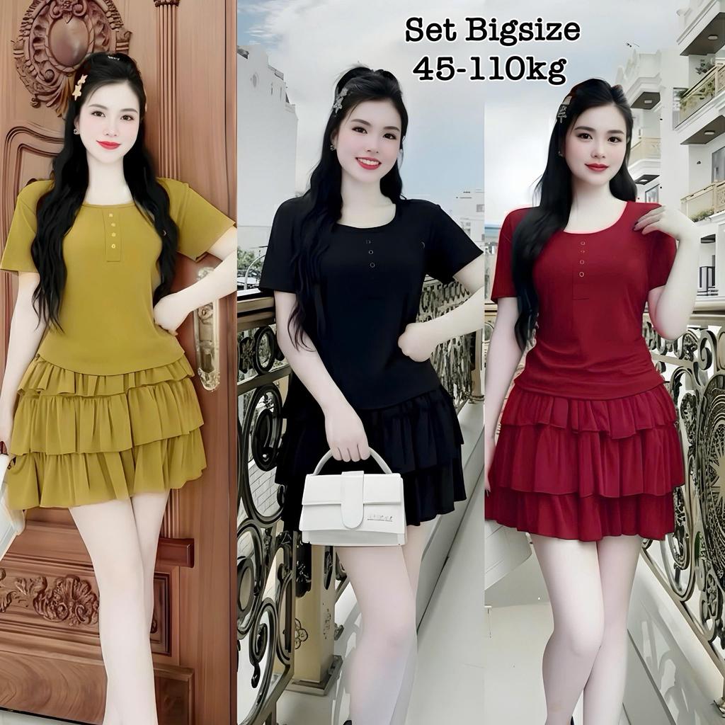 Thời Trang Bigsize Nữ - Set Áo Chân Váy Tầng Bigsize Vải Thun Ruby Pháp Hack Dáng Che Giấu Bụng Mặc 