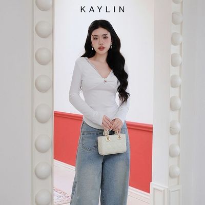 [SALE SỐC] Áo kiểu KAYLIN tay dài cổ V phối ren xoắn chất vải cotton thun co giãn phong cách - N2419
